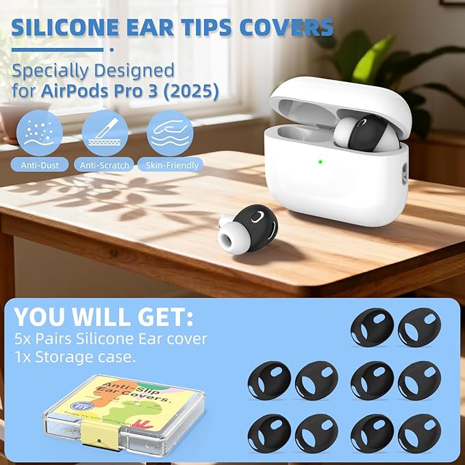 [5 Pairs] for AirPods Pro 3 Ear Tips Cover [Fit in Case], Soft Silicone AirPod Pro 3 Ear Cover Anti Slip Air Pod pro 3 Accessories Compatible with AirPods Pro 3rd Generation Earbuds 2025 (Black)