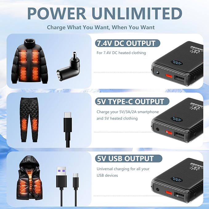 2 Pack 10000mAh Battery Pack Heated Vest for Most Heated Apparel, 7.4V/5V 10000mAh Power Bank for Heated Vest with DC/USB/Type-C Output and LED Display for Heating Clothing and Phones