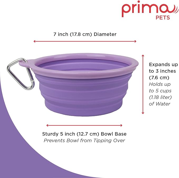 Collapsible Silicone Water Travel Bowl with Clip for Dog and Cat, Portable and Durable Pop-up Feeder for Convenient On-The-go Feeding – Size: Large (5 Cups) Purple – 2 Pack