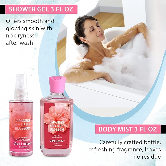 Japanese Cherry Blossom Bath & Body Kit, 3 Fl Oz Travel Size, Ideal Skincare Relaxing Home Spa Set, Includes Body Lotion, Shower Gel, Body Cream, and Fragrance Mist, Bath Gifts for Her and Him