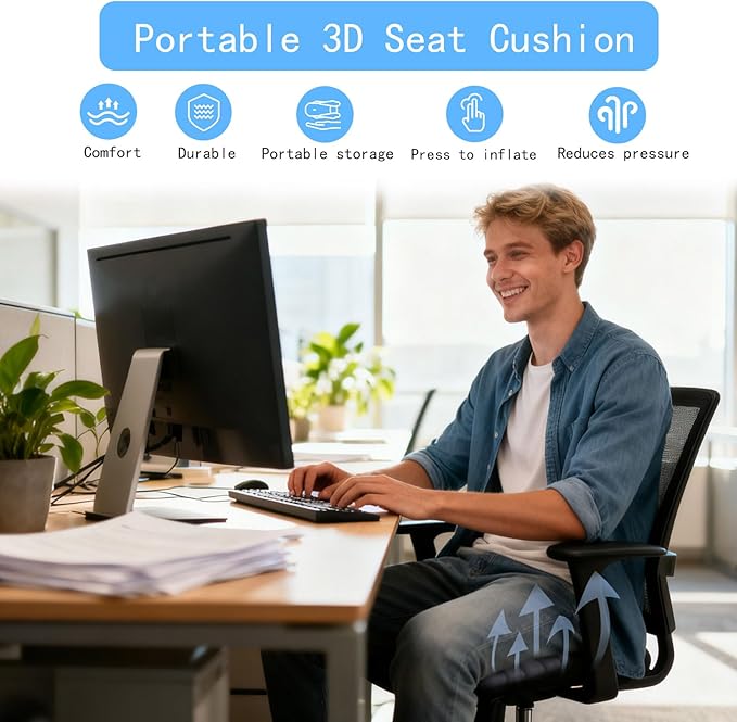 Portable Travel Airplane Seat Cushion, 3D Air Cell Tech with Built-in Pump, Adjustable Firmness Back & Tailbone Support, Ideal for Long Flights, Office, Car, Wheelchair,Great for Soccer Watching