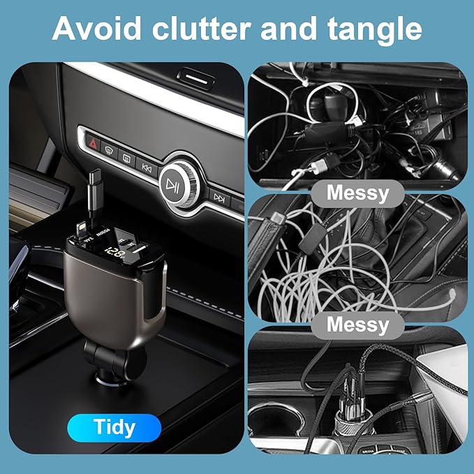 Retractable Car Charger 4 in 1, Fast Car Phone Charger with 2.6ft Cable, USB C and Lightning Car Chargers Adapter, Compatible with iPhone 16 15/15 Pro Max, Galaxy, Pixel, Travel Essentials