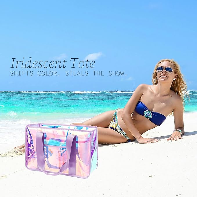 Fammart Iridescent Clear Beach Bag for Women, Jelly Tote Bag Waterproof Sandproof Pool Bag Cruise Vacation Essentials
