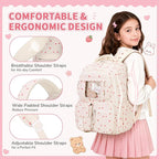 PIG PIG GIRL Corduroy Backpack 3PCS Kids Backpack for Girls School Bags for Middle School Students Book Bag for Elementary Primary Kawaii Ita Backpack with Lunch Box Pencil Case Set, Beige Strawberry