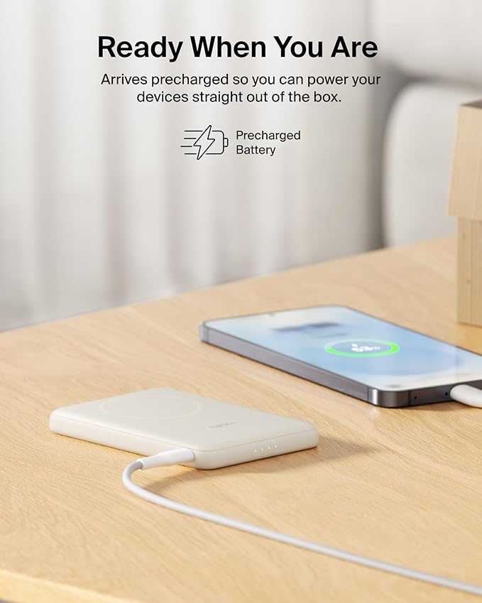 Belkin MagSafe Power Bank 5,000mAh, Ultra-Slim Qi2 15W Certified Magnetic Back Supports MagSafe Accessories On-the-Go, Wireless Battery Pack w/USB C Cable for iPhone 17, Pixel 10, Travel - Sand