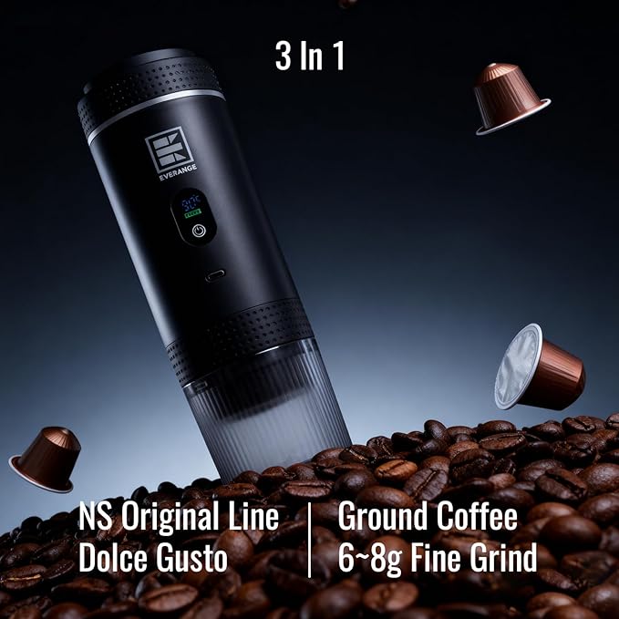 Portable Electric Espresso Machine, Travel Coffee Maker Brewer Compatible with Ground Coffee & NS Capsules (Black with LCD Screen)