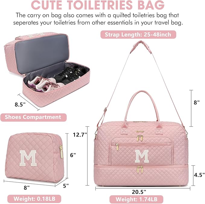 Initial Travel Duffle Bag for Women - Pink Personalized Weekender bags Overnight Bag with Shoe Compartment & Wet Pocket Weekend Tote Bags with Toiletry Bag Monogram Christmas Gifts (Letter M)