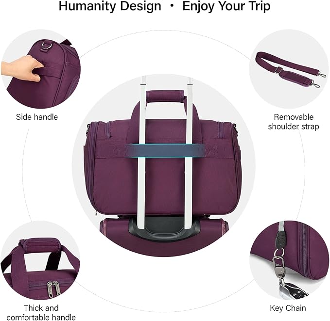 Hanke Small Travel Duffel Bag, Under Seat Carry On Personal Item Bag with 11 Pockets, Lightweight Water Resistant Foldable Weekender Bag with Trolley Sleeve for Travel Gym Daily Use（Purple）