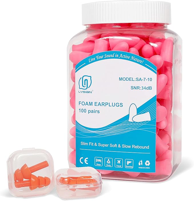LYSIAN Slim Fit Foam Ear Plugs for Small Ear Canals, 100 Pairs 35dB SNR Noise Reduction Earplugs for Sleeping, Study, Snoring and Quiet Time, Women, Teens, Pink