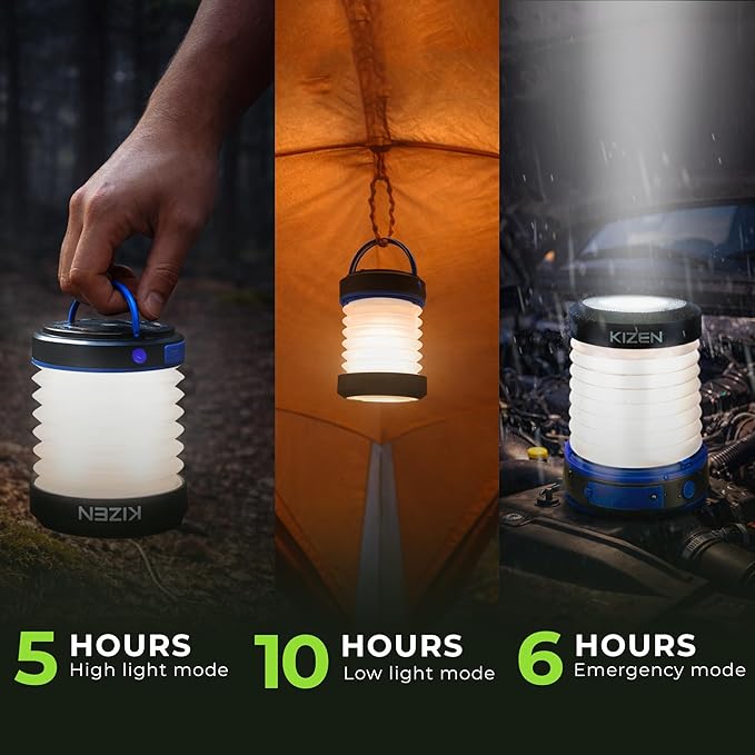 Kizen Outdoor Solar Lantern - Solar or Plug Rechargeable Lantern - Collapsible LED Light for Power Outages - Camping Essential Lamp for Tent Light, Hanging, or Flashlight