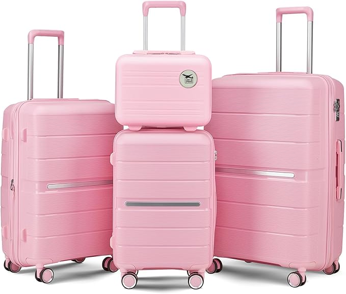 4 Piece Luggage Set, Hardside Expandable Lightweight Suitcase with 360° Mute Spinner Wheels Luggage Sets, TSA Lock, 14/20/24/28 Inch Travel Luggage for Men, Women and Girls (Pink 2)