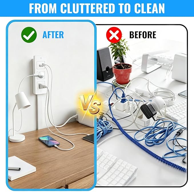 Electrical Outlet Extender Stick with USB-A USB-C and 2 AC Outlets, 17-27 Inch Extendable 180° Rotating Wall Plug Adapter for Nightstand, Sofa, Desk, Hard-to-Reach Spaces