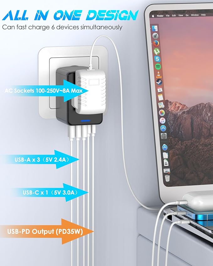 Universal Travel Adapter with 35W USB-C PD Fast Charging, 5 USB C/A Ports, 2500W AC Outlet, International Power Adapter for Europe UK Japan, Worldwide Plug Adapter for 200+ Countries Travel Essentials