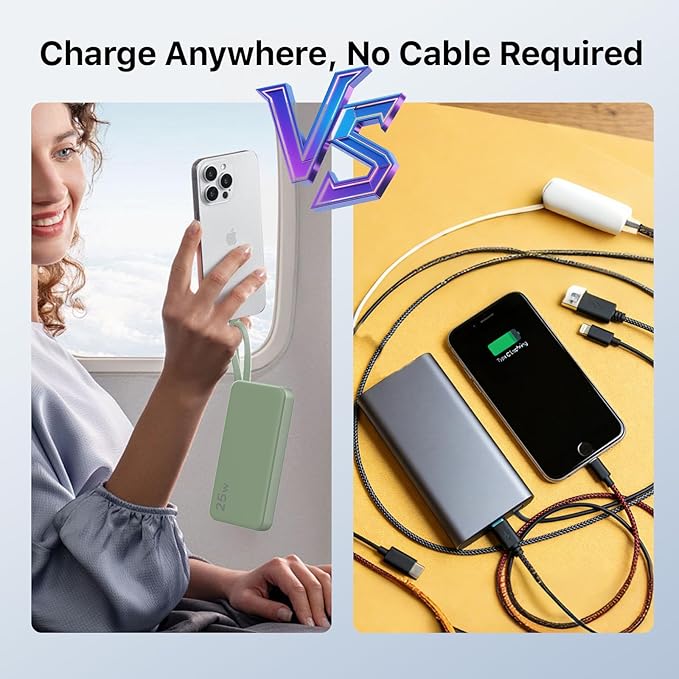 NOBIS Portable Charger 10000mAh 25W Power Bank Fast Charging Battery Pack with Built-in Type-C Cable, USB-C in/Out, USB-A Output with LED Display for Phone 17 S25
