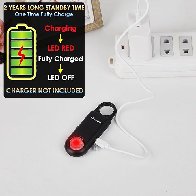 135dB Rechargeable Personal Safety Alarm Strobe Light Flashlight Keychain Siren for Women, Girls, College, School Students Emergency SOS Alerts Loud Sound Hiking Alarm Torchlight Bear Deterrent. Black