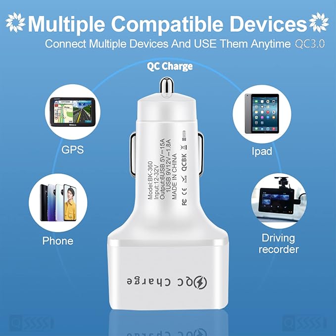 Amiss Car Charger Adapter, 6 USB Multi Port, Fast Charger, Include QC 3.0 and 5 Other Ports, Car Interior Accessories, Fit for iPhone 17/16/15/14/13Pro Max, Samsung, Android (White 1pc)