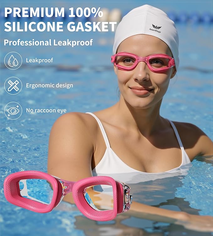 7 in 1 Swim Goggles + Swim Cap for Men Women,No Leak Anti-Fog & UV, Wide Visio HD Mirror PC Lens