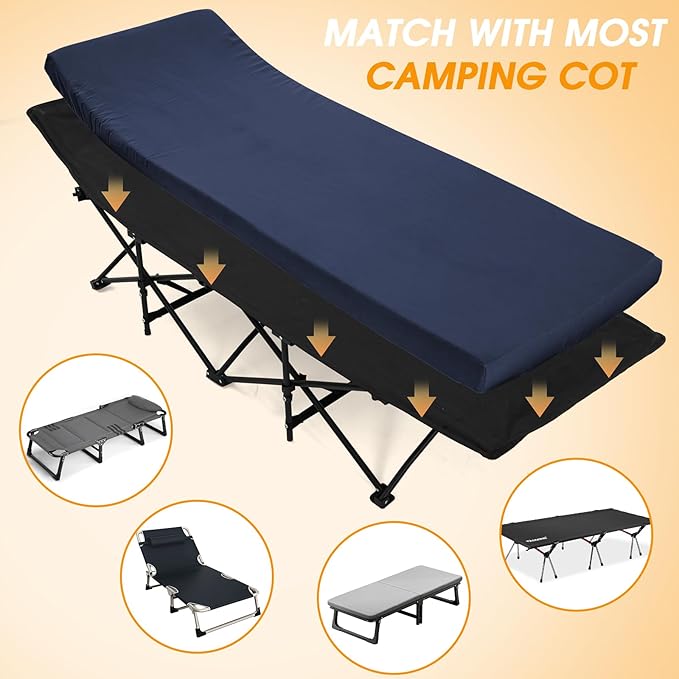 CYMULA Camping Cot Mattress 2in Memory Foam Sleeping Pad,Soft Warm Non-Slip Camping Mattress Topper with Retaining for Adults,Portable Roll up Pad for Travel（only Mattress）