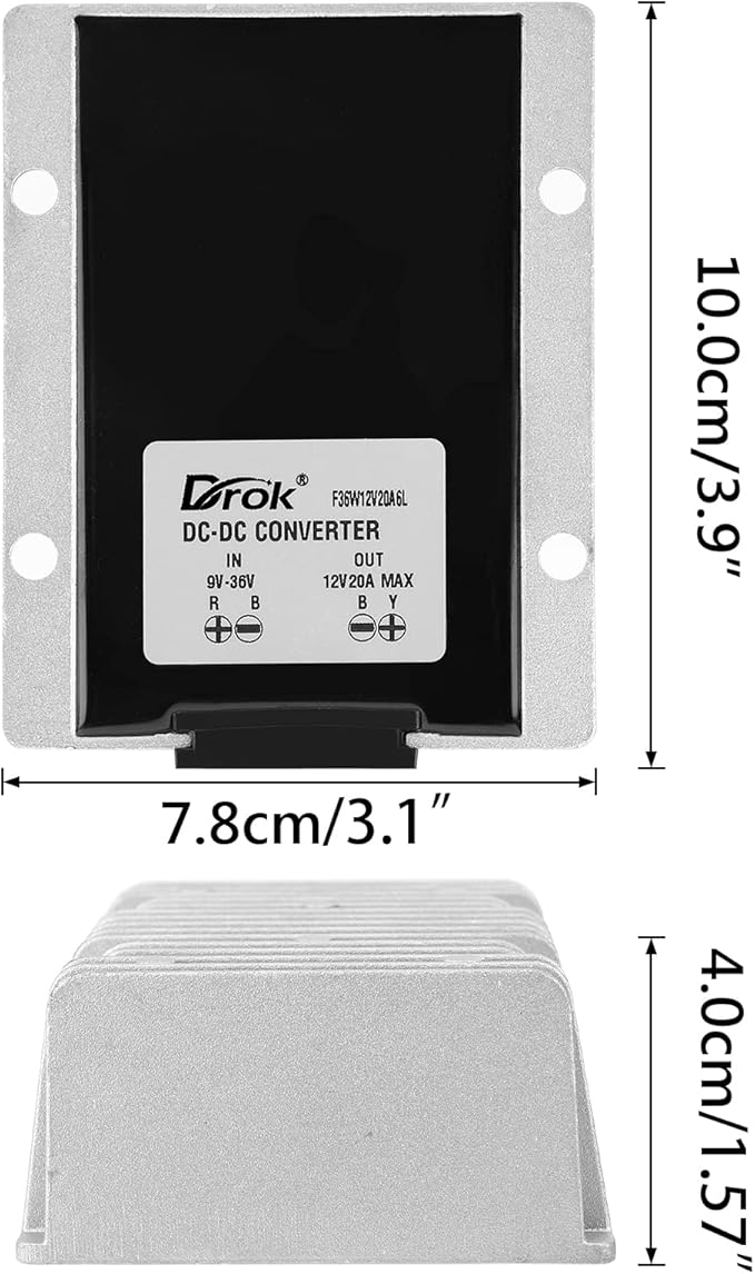 DROK Boost Buck Converter 9V-36V to 12V 20A 240W Aluminium Shell Waterproof Auto Step Up Down Voltage Regulator 12V Volt Transformer for Car Audio Solar Power System LCD Television LED Display Screen