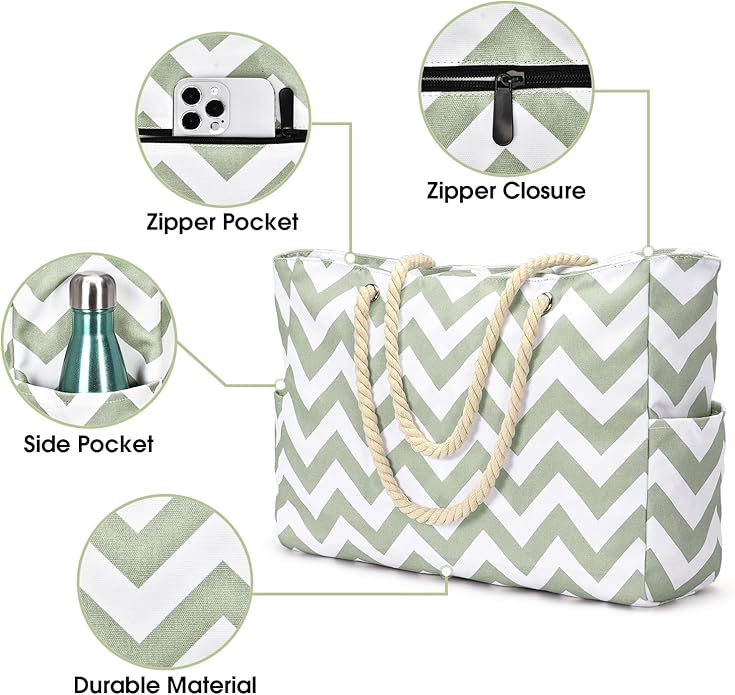 Becokan Beach Bags for Women Large Waterproof Beach Tote Bag Zipper Beach Bags Waterproof Sandproof Swim Pool Bag Large Tote
