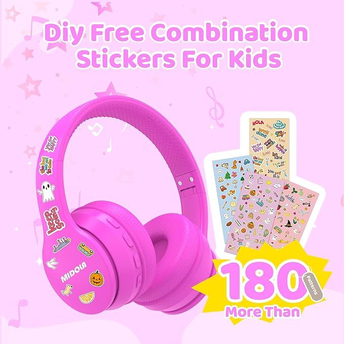 MIDOLA Kids Bluetooth Headphones 68H Play Time,Volume Limit 85/94dB, Foldable Lightweight Wireless Over-Ear Headphone for Kid Toddler Child Pad Tablet,Headsets with Built-in Mic Hot-Pink