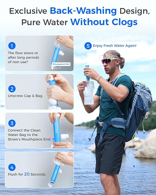 Waterdrop Gravity Water Filter Straw, Camping Water Filtration System, Water Purifier Survival for Travel, Backpacking and Emergency Preparedness, 1.5 gal Bag, 5 Stage Filtration, Pack of 2