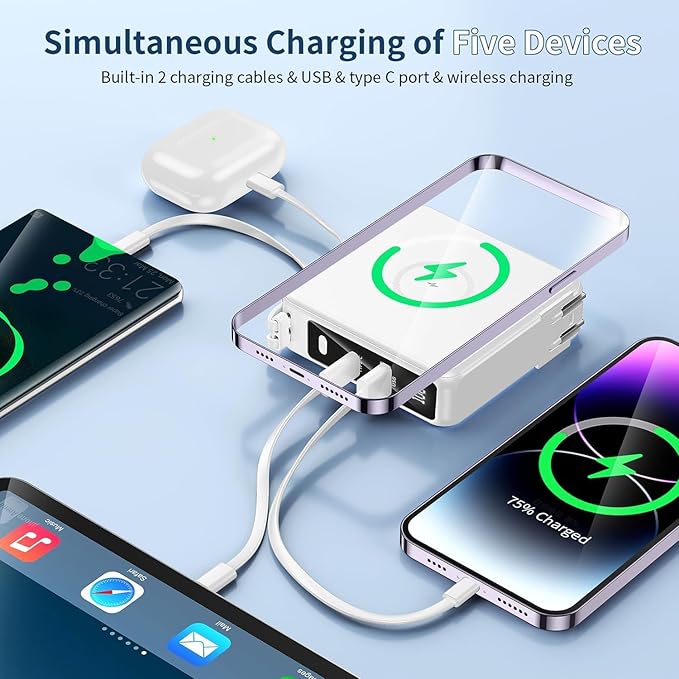 Wireless Charging Portable Charger with Built-in Cables & AC Wall Plug, 10000mAh Power Bank with LED light, PD 22.5W Fast Charging Travel Portable Charger for iPhone, Samsung, Android(No-Magnetic)