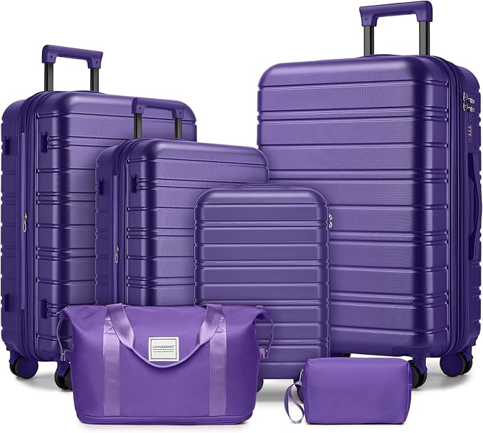 6 Piece Luggage Sets with Bags, Lightweight Expandable Checked Luggage Sets, Hardshell ABS Spinner Wheels Carry on Suitcase with TSA Lock, for Travel, Women Men (Purple, 18/20/24/28inch+2bags)