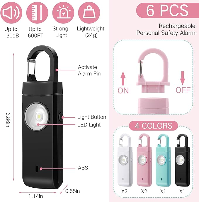 Tellegloww 6 Pcs Rechargeable Personal Safety Alarm for Women, 130db Personal Alarm Protection Keychains Loud Siren with LED Self Defense Keychain for Senior Mom Gift(White,Pink,Blue,Black,Snap)