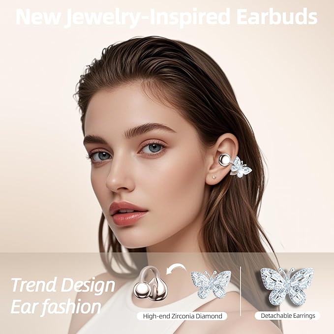 Jewelry-Inspired Clip On Earbuds,Comfortable Fit Open Ear Clip-On Headphones,Wireless Bluetooth Ear Cuff Headphones for Women,Earrings Earbuds for Running,Office,Sport&Gift (Butterfly - Rose Gold)