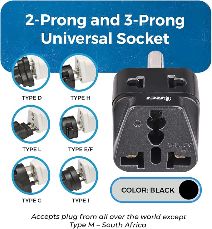 OREI UK, China, US to India Adapter - Type D Travel Adapter Plug - 2 in 1 Travel Adapter India - Compatible with India, Nepal, Pakistan - CE Certified - RoHS Compliant - 2 Pack - Black Color