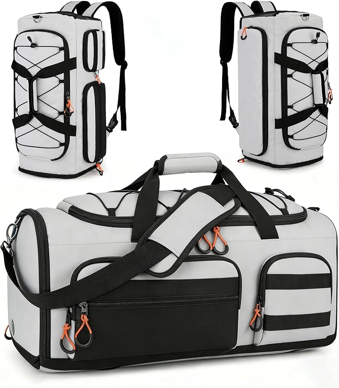 Searock 45L Gym Bag for Men, 3-In-1 Duffle Bag Backpack for Travel, Sports Duffel Bags for Gym Workout, Weekender Overnight Bag with Shoe Compartment, Wet Pocket, Gray