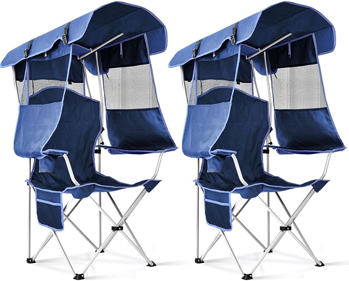 Docusvect 2 Pack Beach Chair with Canopy Shade, Folding Camping Chair with Canopy with Cup Holder, Side Pocket for Camp, Beach, Tailgates, Fishing - Support 330 LBS