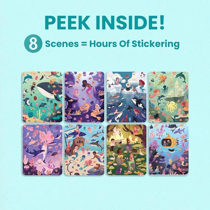 Mystical Mermaids 300+ Kids Sticker Book by Cupkin Toddler Travel Activity Coloring and Sticker Book, Road Trip Essentials, 8 Coloring Pages 8 Side by Side Scenes for Ages 2–8 Years