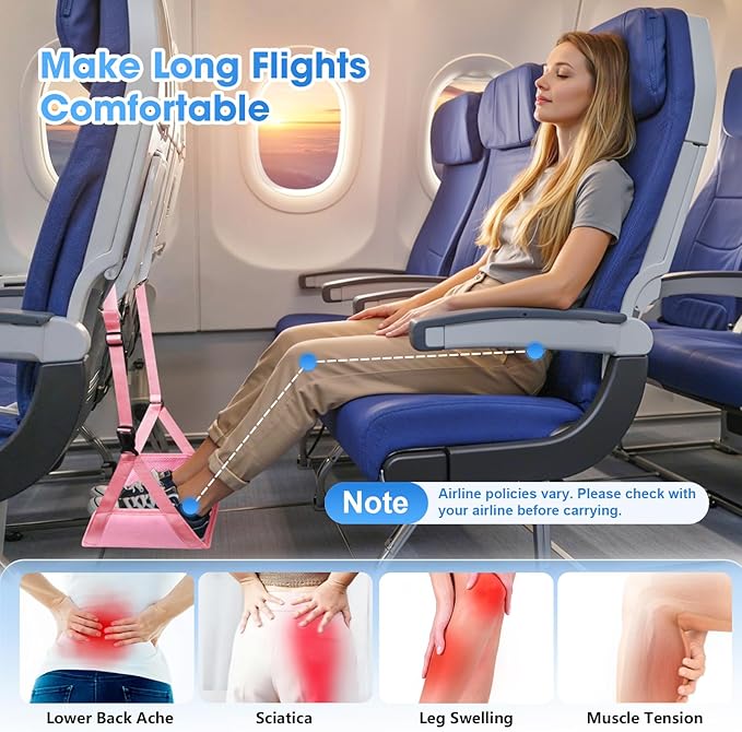 ExploreBliss Airplane Foot Rest - Lightweight Foot Hammock for Plane Travel with Adjustable Strap & Thick Board, Tray Table Under Desk Footrest to Relax Feet, Travel Essentials for Long Flights(Pink)