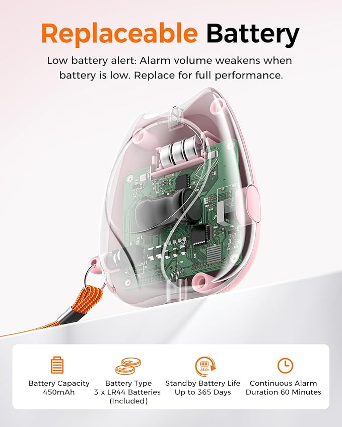 ESSAGER Personal Safety Alarm for Women, 130dB Loud Siren, Replaceable Battery, Built-in LED Light, Portable Keychain & Carabiner. Self Defense Security Alarm for Kids, Seniors(Pink)