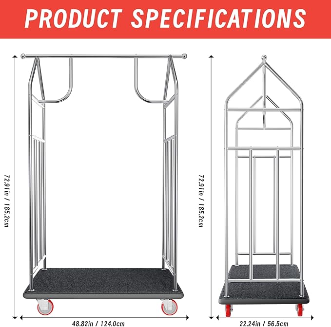 Hotel Luggage Cart with Top Frame, Bellman's Cart with Red Rubber Wheels, Rectangular Refined Stainless Steel Commercial Grade Hotel Luggage Trolley with Black Carpeted Deck for Hotels