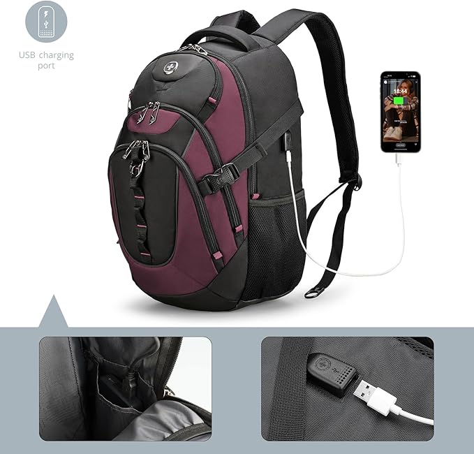 Swissdigital Design Laptop Backpack with USB Charging Port, Travel Backpack Fits 15.6 inches Computer, 31L College School Backpack for Women, Angola red/Black | SD803-44