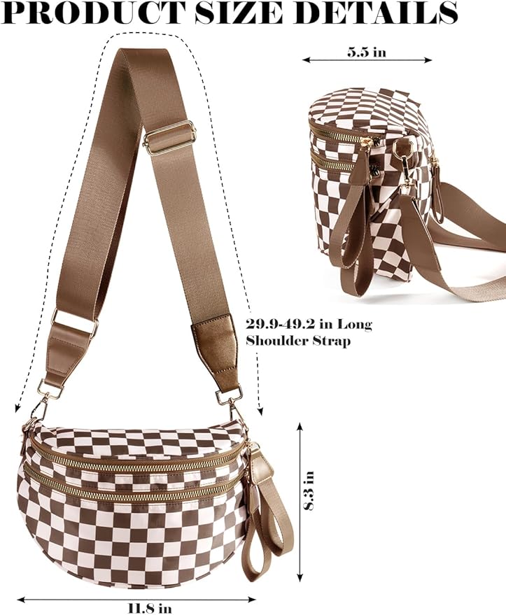Black and White Checkered Crossbody Bag Bum Bag for Women,Spacious Checkered Purse Fanny Packs Belt Bag