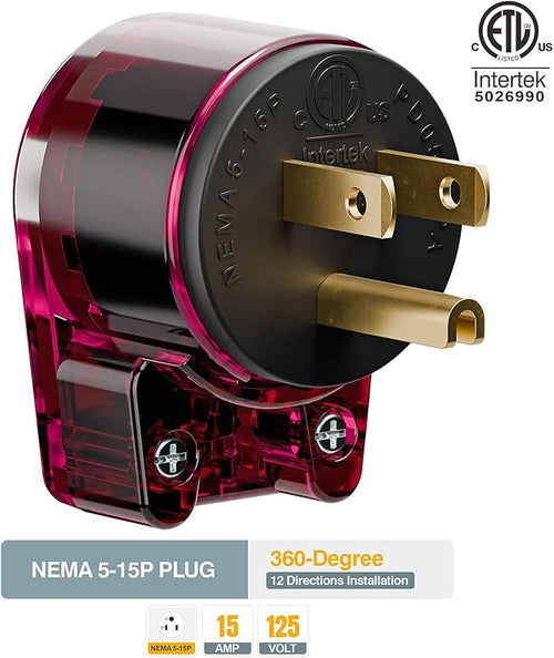 (5PACK) ETL Listed 90 Degree USA Canada Male Plug Nema 5-15P 3 Pole Angle DIY Plug, 15A 125V USA 3Pin Right Angle, Nema 5-15P Angled Rewireable,Red Color