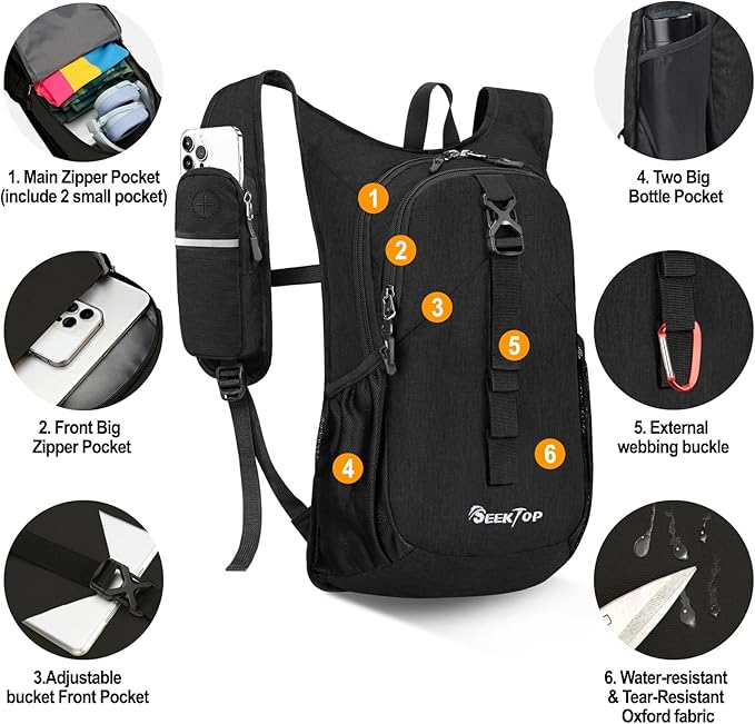 Seektop 20L Small Hiking Backpack for Women Men, Lightweight Hiking Packable Daypack with Phone Pocket for Travel Camping (Black, 20L)