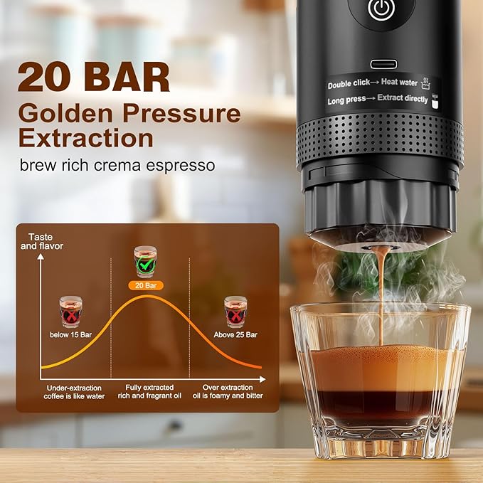 Portable Battery Travel Coffee Maker, 20 bar Mini Car Espresso Machines, 3-in-1 Self-Heating Electric Espresso Maker, USB-C Ground Coffee & Capsule Pod(Ns&DG) RV, Hiking