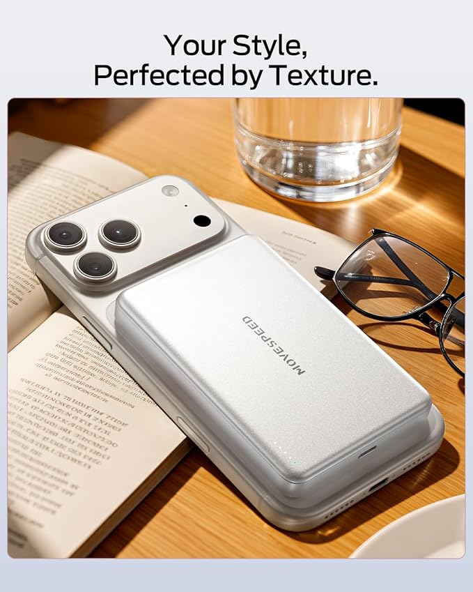 MOVE SPEED 0.5'' 10,000mAh Magnetic Power Bank, Alloy-Design MagSafe Portable Charger,Fast Charging Magsafe Battery Pack for iPhone 16/15/14/13/12,Travel Essential,Oyster White