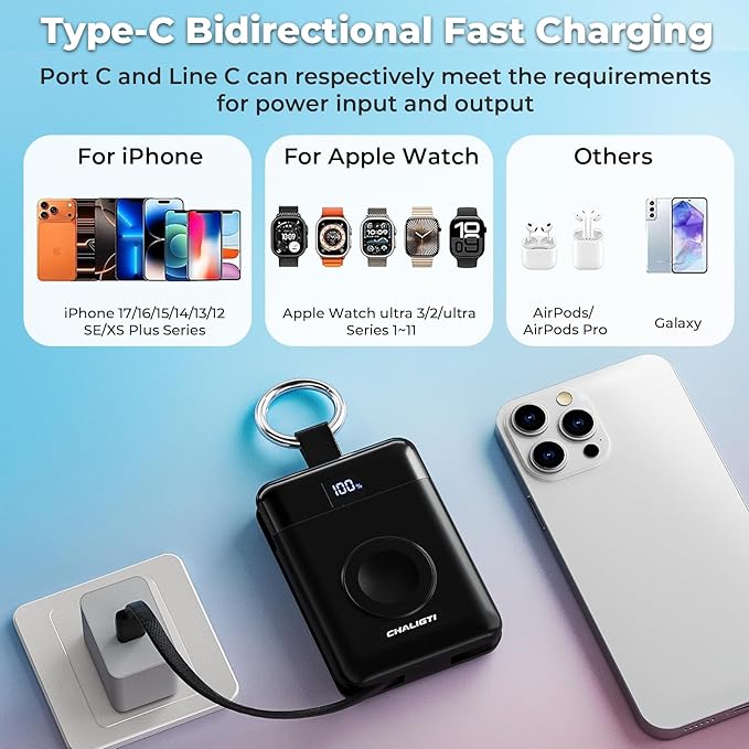 Portable Charger,5000mAh PD 20W Super Fast Charging Power Bank with Built-in Cables,Travel Keychain Battery Pack for Apple Watch Ultra/11/10/9/8/7/6/SE,iPhone 17/16/15/14/13/12 (Black)