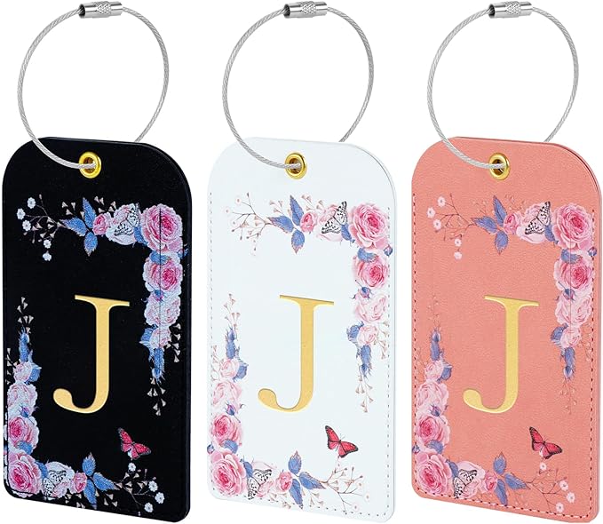3 Pack Luxury Floral Luggage Tags, Durable PU Leather Suitcase Tags with Stainless Steel Cable Strap, Hidden ID Slot for Privacy Protection, Easy to Identify Waterproof Travel Accessories Gift (J)