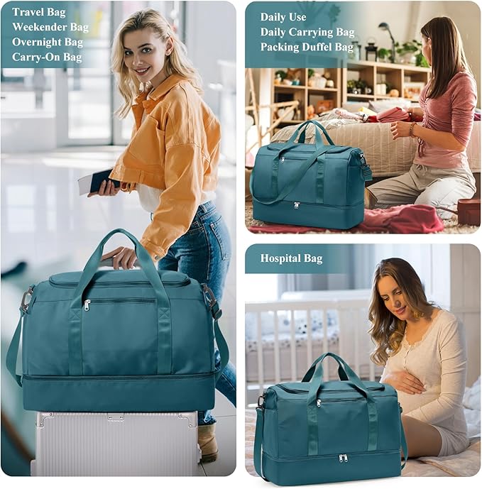 Large Travel Duffle Bag,Carry on Overnight Weekend Bag with Shoes Compartment,Weekender Bags for Women for Travel Business Trips Sport Hospital,2Pcs,Peacock Blue