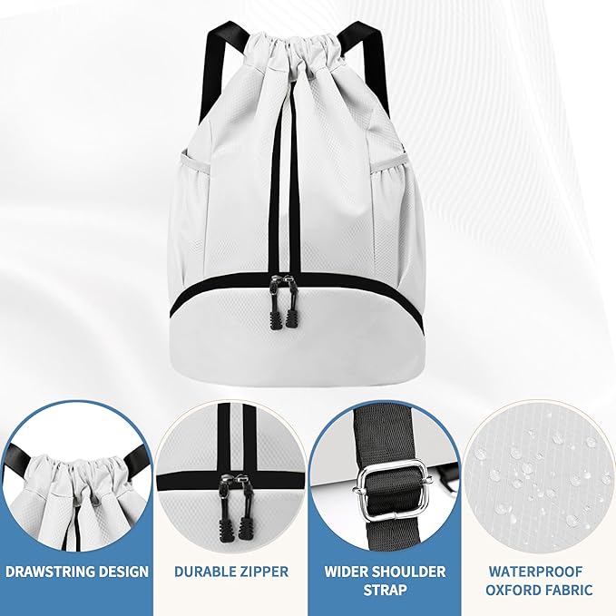 JELUTAR Drawstring Backpack Gym Bag with Shoes Compartment for Soccer, Basketball, Swim, Water-Resistant String Backpack Beach Cinch for Women Men, White