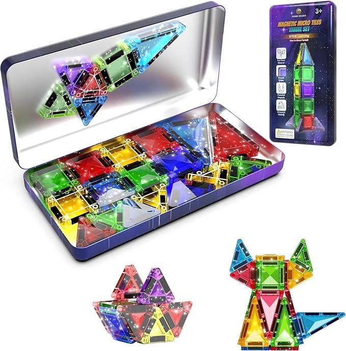 Desire Deluxe Micro Magnetic Tiles Building Blocks Toy - STEM Educational Travel Size Magnetic Blocks for Kids, Learning Sensory Montessori Toddler Magnetic Toys for Boys&Girls 3+ YO (28PCS, Glitter)