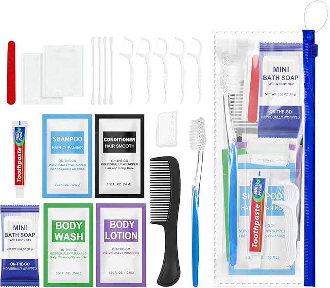 5 Set Personal Hygiene Kit Bulk,12-IN-1 Individually Wrapped Blue Basic Toiletry Supplies Disposable Travel Toothbrushes and Hotel Vanity Set for Homeless,Guests,Charity