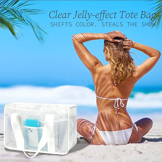 Fammart Iridescent Clear Beach Bag for Women, Jelly Tote Bag Waterproof Sandproof Pool Bag Cruise Vacation Essentials